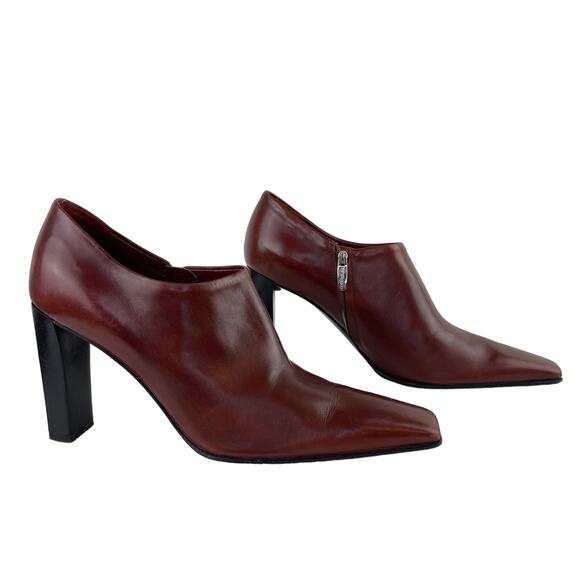 VTG Sergio Rossi Leather Brown Red Square Toe Heeled Ankle Boot Shootie Size 38 - Picture 1 of 9